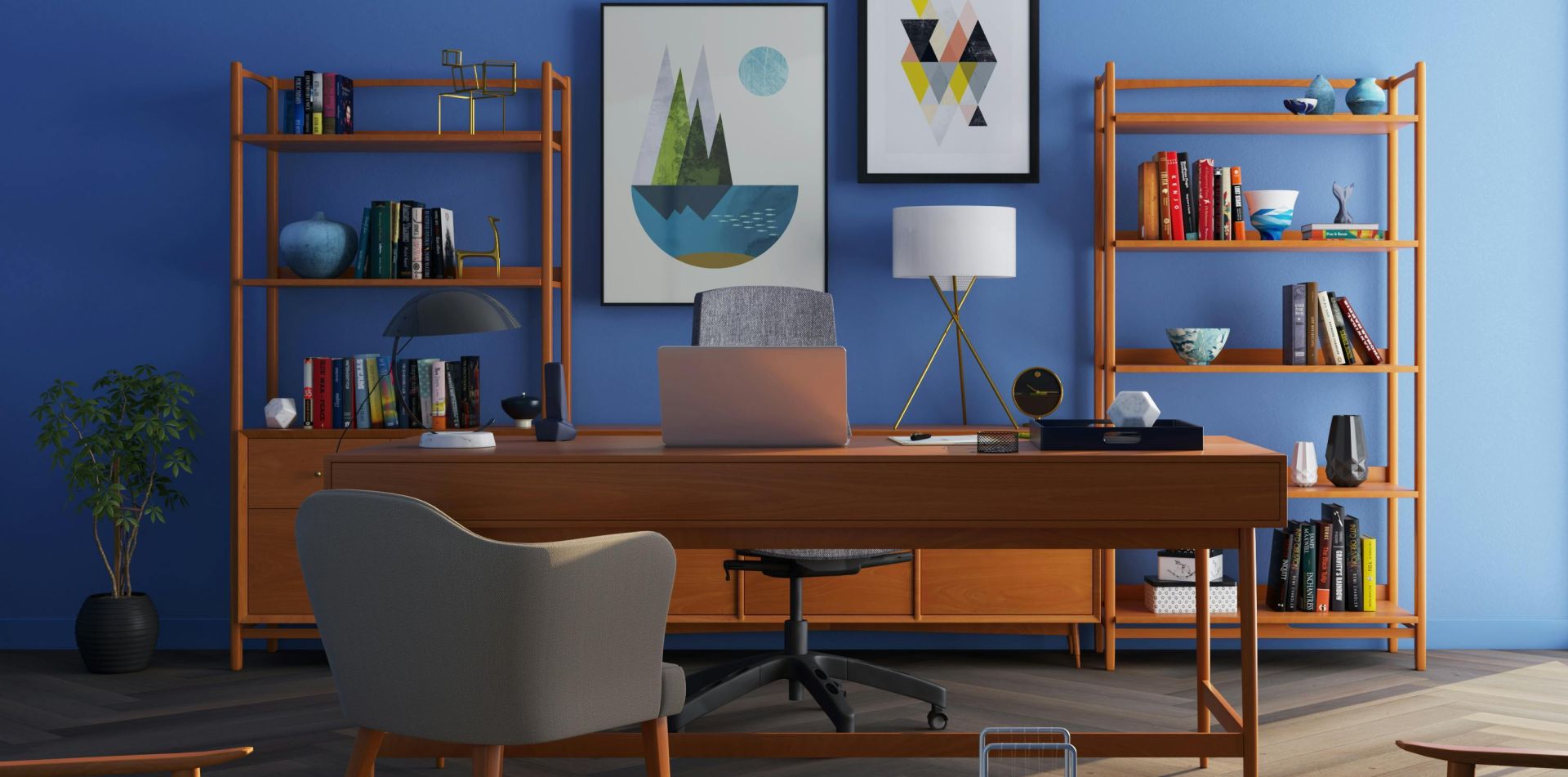 Elegantly decorated home office with modern furniture and a blue wall.
