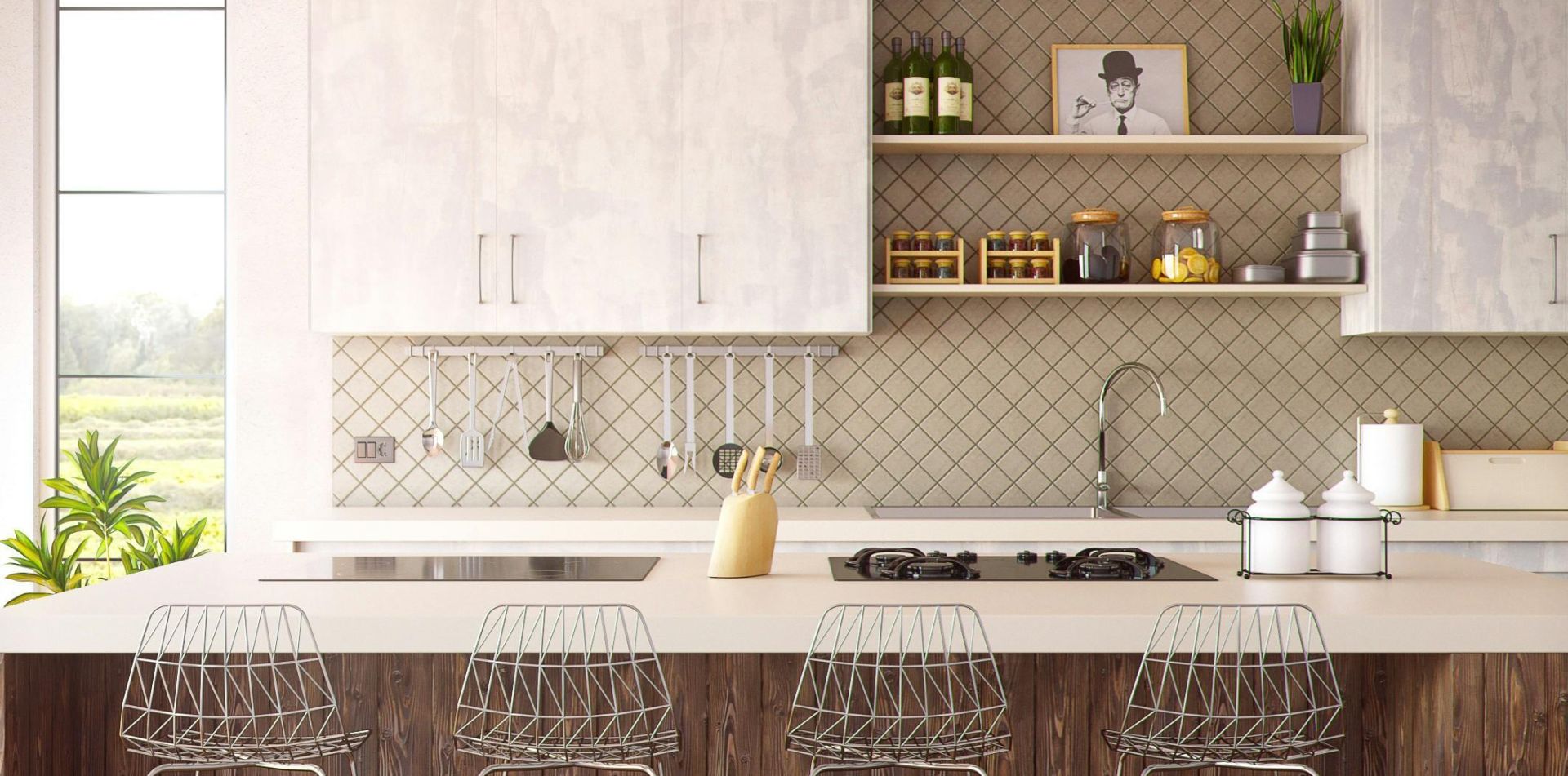 Chic minimalist kitchen design featuring wooden accents and modern bar stools.